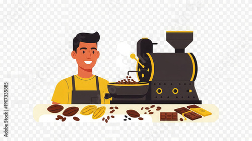 Smiling man roasting coffee beans with chocolate and machine