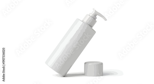 White plastic cosmetic bottle with pump and cap isolated on white background