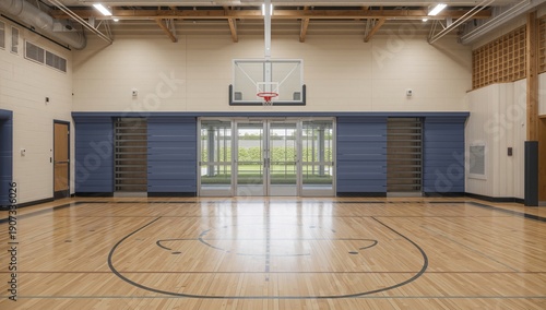 Basketball Court in Gym With Large Windows Showing Green Space Outside During...