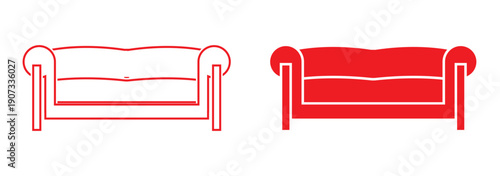 Living room sofa icons set featuring couch seating with lamp and wall clock in outline and solid styles