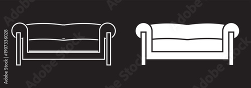 Living room sofa icons set featuring couch seating with lamp and wall clock in outline and solid styles
