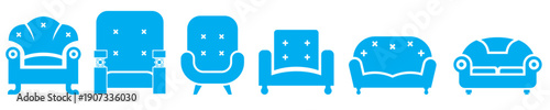 Living room sofa icons set featuring couch seating with lamp and wall clock in outline and solid styles