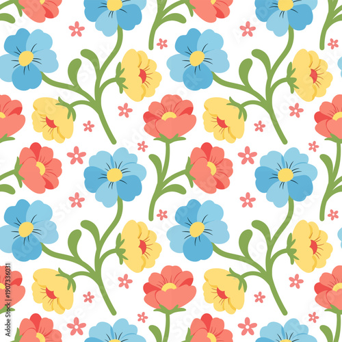 Wildflower Meadow in Bright Colors (daisies, poppies, cornflowers, stems in red, blue, yellow, green on white)