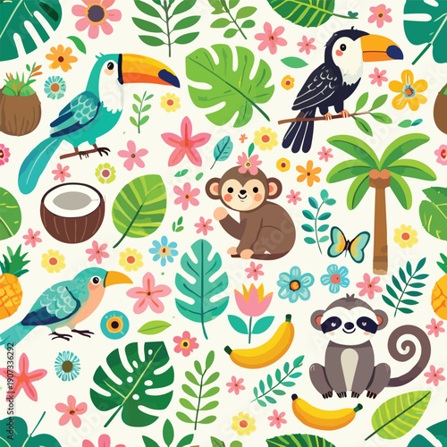 Tropical Jungle Botanical Leaves Nature Birds Tropic Sun Animals Toucan Monkey Palm Tree Coconut Leaf Banana Vector Print Design