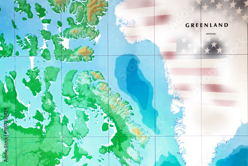 Illustration of a map of Greenland with the United States flag showing through and a geopolitical concept of confrontation