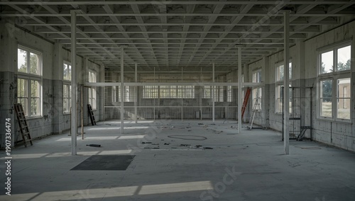 Abandoned Building Interior With Empty Space and Scattered Items During Daytime