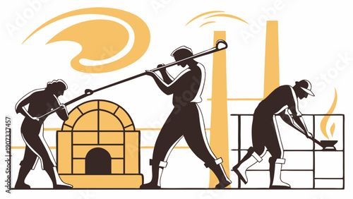 Artisan Glassblowers Working with Molten Glass at Traditional Furnace for Craft Production and Industrial Design Projects