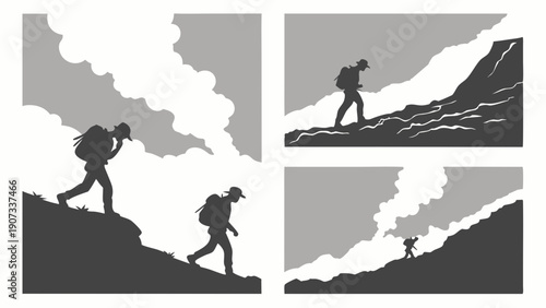 Silhouette Hikers Ascending Steep Mountain Terrain Overcoming Challenges for Success and Achievement in Outdoor Adventure Travel