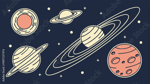 Minimalist Outline Planets and Saturn Rings for Space Education Science Website Design Graphics
