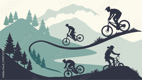 Extreme Mountain Biking Silhouettes Downhill Trail Action for Sports Adventure Web Design and Outdoor Recreation Promotion