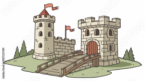 Medieval Castle Fort Entrance with Drawbridge for Fantasy Game Design Security Website Illustration