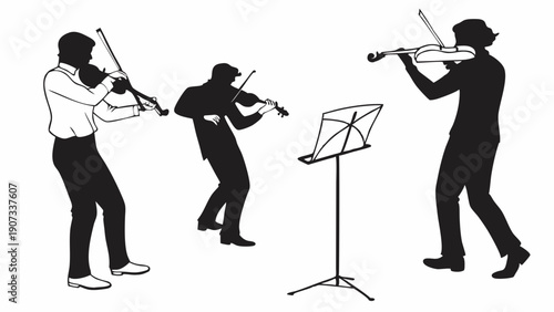 Silhouetted Violin Quartet Practicing Music Score on Stand for Concert Performance or Orchestra Rehearsal