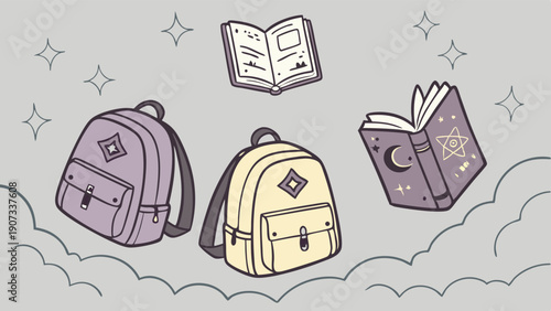 Magical School Supplies Floating Mystical Backpacks and Spell Books for Education Design Projects