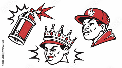 Urban Graffiti Artist King Character Icons Spray Paint Can for Street Art Design Youth Culture Promotion and Hip Hop Branding Projects