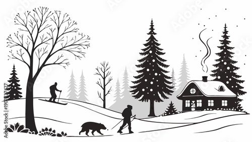 Winter Cross Country Skiing Scene with Cabin and Snow Covered Pine Trees for Holiday Greeting Card Design