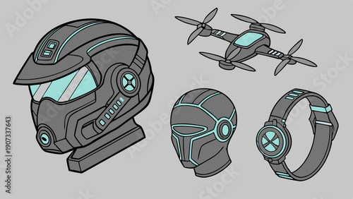 Futuristic Tech Gear Set Drone Helmet Wrist Device for Gaming UI Design Web Development Security Interface Assets
