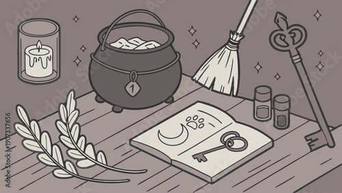 Mystical Witchcraft Setup with Cauldron Herbs Candle and Grimoire for Occult Design Projects