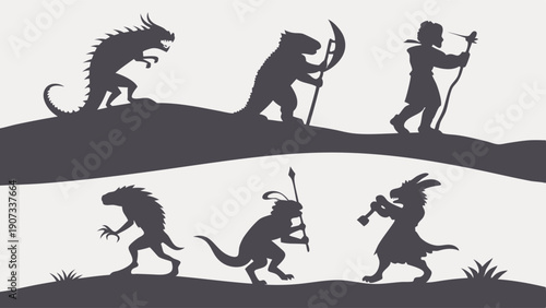 Mythical Creature Silhouettes for Fantasy Game Design Storytelling Adventure Characters Journeying Across Hills