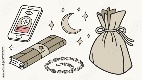 Mystical Fortune Telling Tools Smartphone App Scroll Moon Beads Pouch for Esoteric Tarot Reading Design