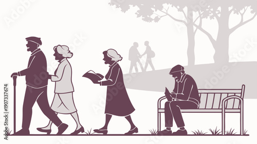 Elderly Couple Walking Past Solitary Senior Man Reading on Park Bench for Retirement or Senior Care Illustration