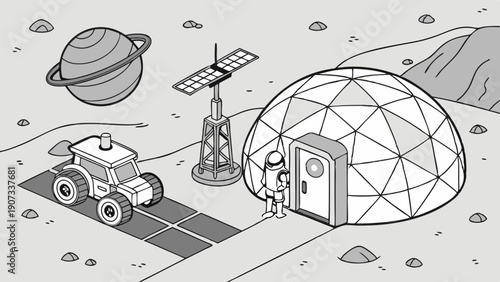 Astronaut Exiting Dome Habitat on Alien Planet with Rover and Solar Power for Space Exploration Technology Design