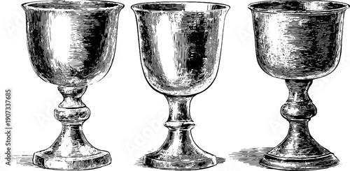 Ornate vintage goblet collection with botanical engravings for retro design