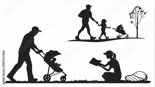 Silhouettes of Parents Pushing Strollers and Reading Outdoors for Family Lifestyle, Parenting, and Recreation Web Design Projects
