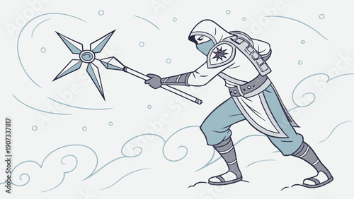 Winter Warrior Ninja Character Holding Icy Star Weapon for Fantasy Game Design or Seasonal Promotion Artwork