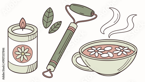 Aromatherapy Spa Relaxation Set Candle Jade Roller Herbal Tea for Wellness Blog Website Design