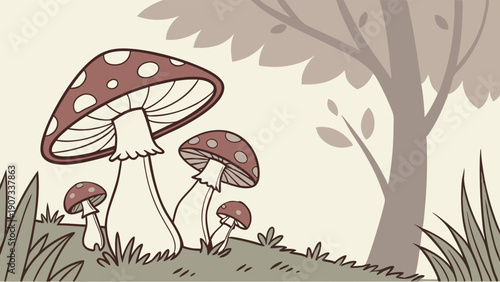 Enchanted Forest Mushrooms Growing by Tree for Fairy Tale Book Illustration Nature Background Design