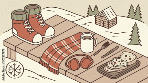 Cozy Winter Cabin Retreat Scene with Warm Boots Scarf Hot Drink and Snow Background for Holiday Travel Blog Design