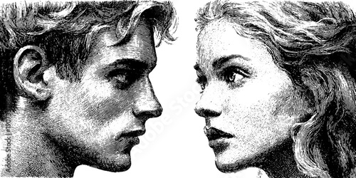 Vintage botanical abstract of human emotion and connection in engraved silhouette