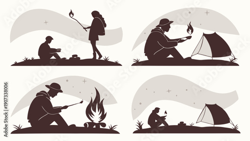 Silhouette of Campers Roasting Marshmallows by Tent at Night for Outdoor Adventure Travel Web Design Illustration