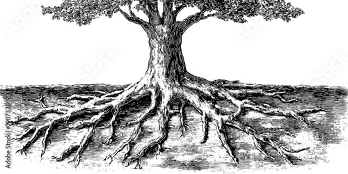 Resilience and stability: vintage botanical tree with deep roots for inspirational design