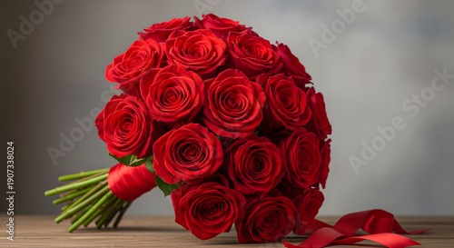 Wallpaper Mural A large bouquet of fresh red roses, tied with a red ribbon, rests on a rustic wooden table surface. Torontodigital.ca