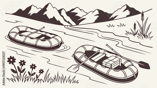 Two Inflatable Rafts Floating Down Mountain River for Outdoor Adventure Travel Vacation Design