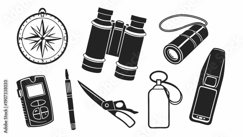 Outdoor Adventure Gear Icons Compass Binoculars GPS Flashlight for Hiking Travel Exploration Survival Planning