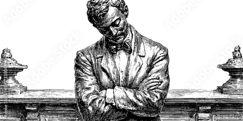 Tranquil figure in vintage botanical setting silhouette etching for art poster design