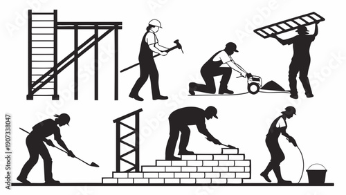 Construction Workers Building Structure Silhouettes Scaffolding Masonry Laborers Teamwork for Building Industry Web Design and Brochures