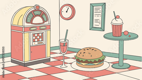Retro Diner Scene with Jukebox Burger and Milkshake for 1950s Nostalgia Restaurant Menu Design