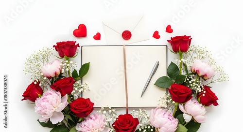 Wallpaper Mural An open notebook and pen are framed by vibrant red roses, pink peonies, hearts, and a sealed envelope. Torontodigital.ca