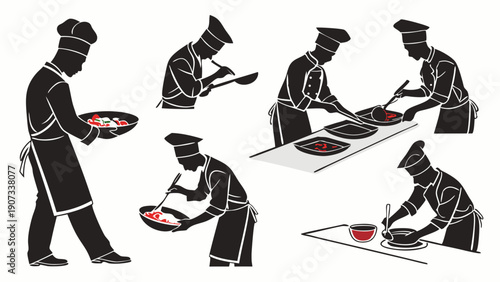 Silhouette Chefs Cooking Food Preparation Tasks Plating Dishes for Restaurant Menu Design and Culinary Instruction