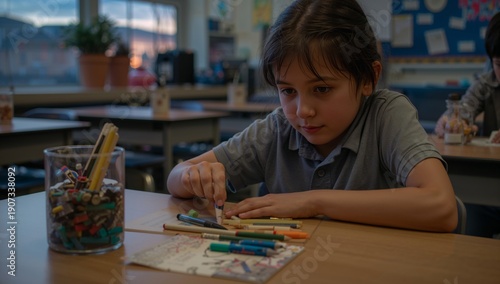 Child Drawing With Colored Pencils at School in the Evening