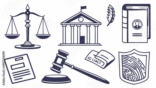 Justice System Icons Set Law Gavel Scales Courthouse Book Fingerprint for Legal Defense Website Design or Advocacy Presentation