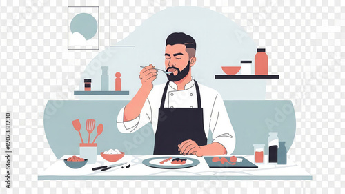 Man tasting food in kitchen with apron and utensils