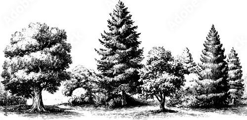 Vintage botanical engraving of lush july nature cycle in peak summer vitality