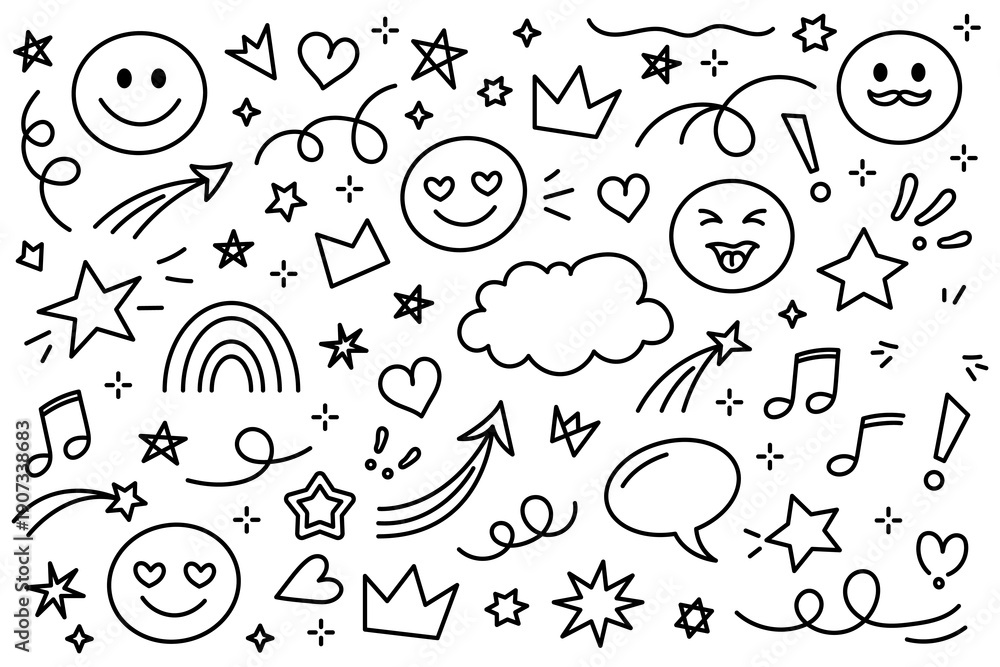 Fototapeta premium Cute Hand Drawn Doodle Pattern with Smiley Faces Stars Hearts and Decorative Elements