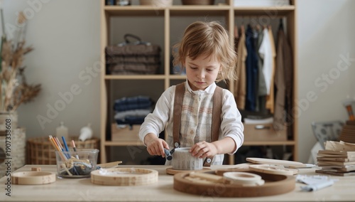 Child Working on Craft Project at Home in a Well-Organized Workspace During D...