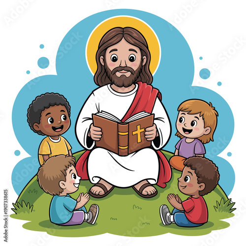 Jesus Christ sitting with children on a green hill reading a book