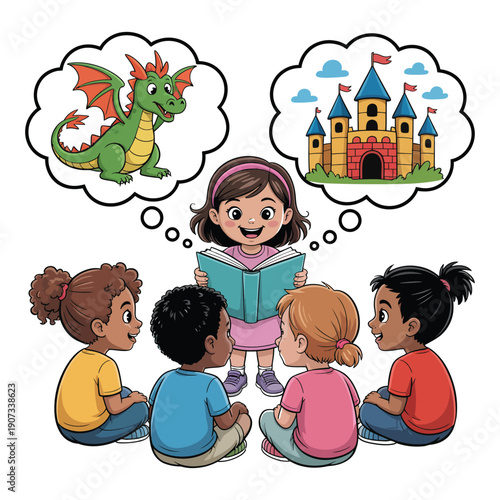 A young girl reading a book to her diverse group of friends while imagining a dragon and a castle